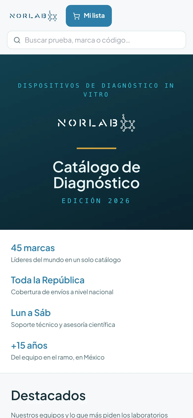 El catálogo digital de NORLAB abierto en un teléfono, con el buscador y los equipos destacados