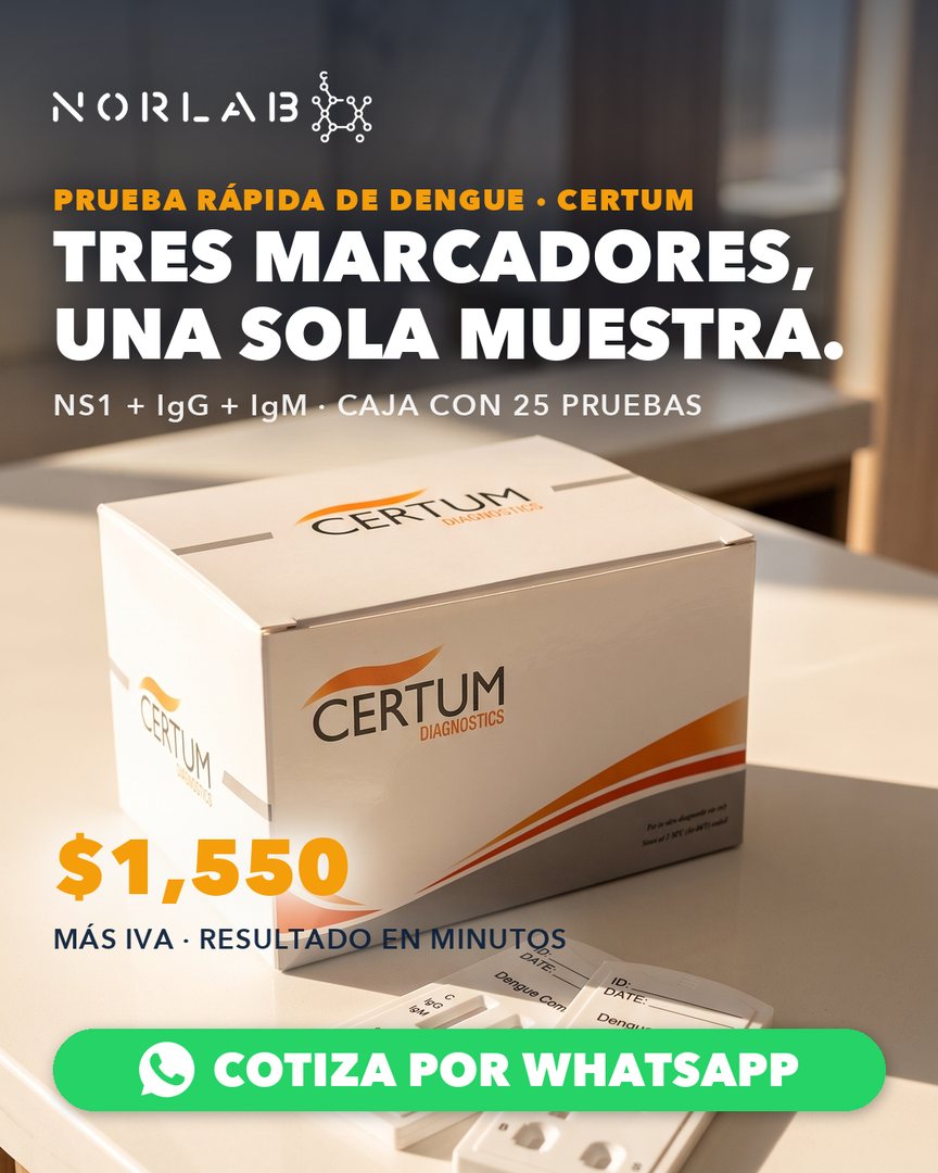 Prueba rápida de dengue Certum con tres marcadores en una sola muestra, caja con 25 pruebas. $1,550 más IVA.
