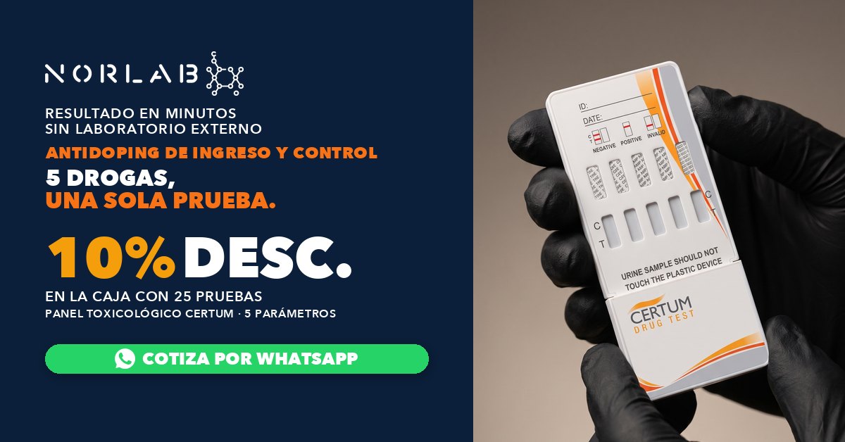 Panel toxicológico Certum de 5 drogas en una sola prueba, caja con 25 pruebas. 10% de descuento.