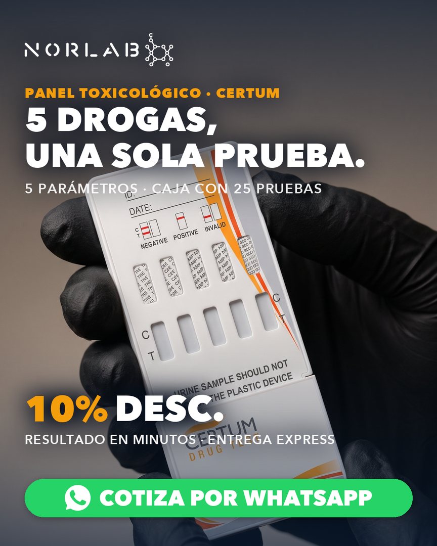 Panel toxicológico Certum de 5 drogas en una sola prueba, caja con 25 pruebas. 10% de descuento.