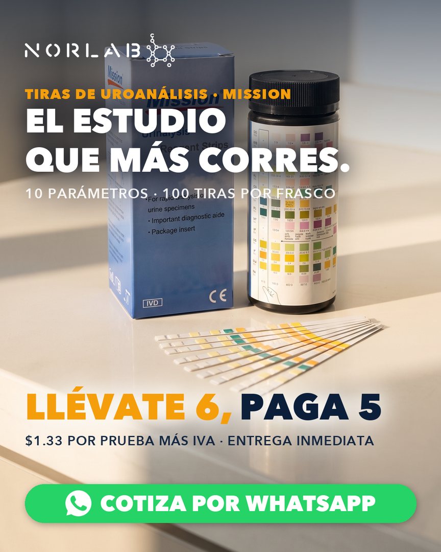 Tiras de uroanálisis Mission, 10 parámetros, frasco con 100 tiras. Llévate 6, paga 5: $1.33 por prueba más IVA.