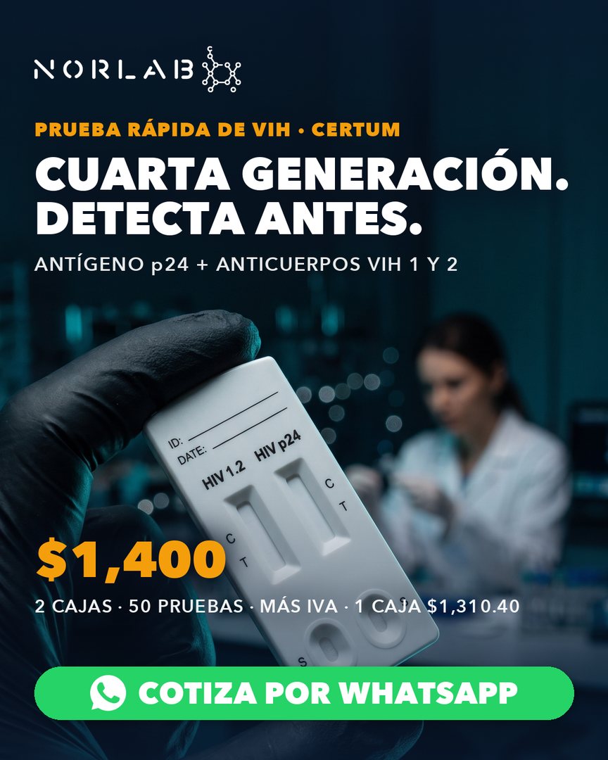 Prueba rápida de VIH de cuarta generación Certum: antígeno p24 más anticuerpos VIH 1 y 2. 2 cajas de 50 pruebas por $1,400 más IVA.